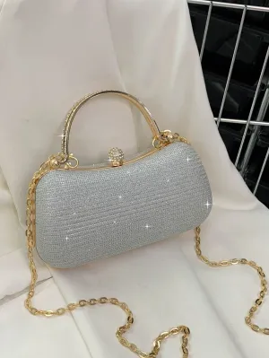 Mini Rhinestone Decor Chain Glitter Box Bag - Silver