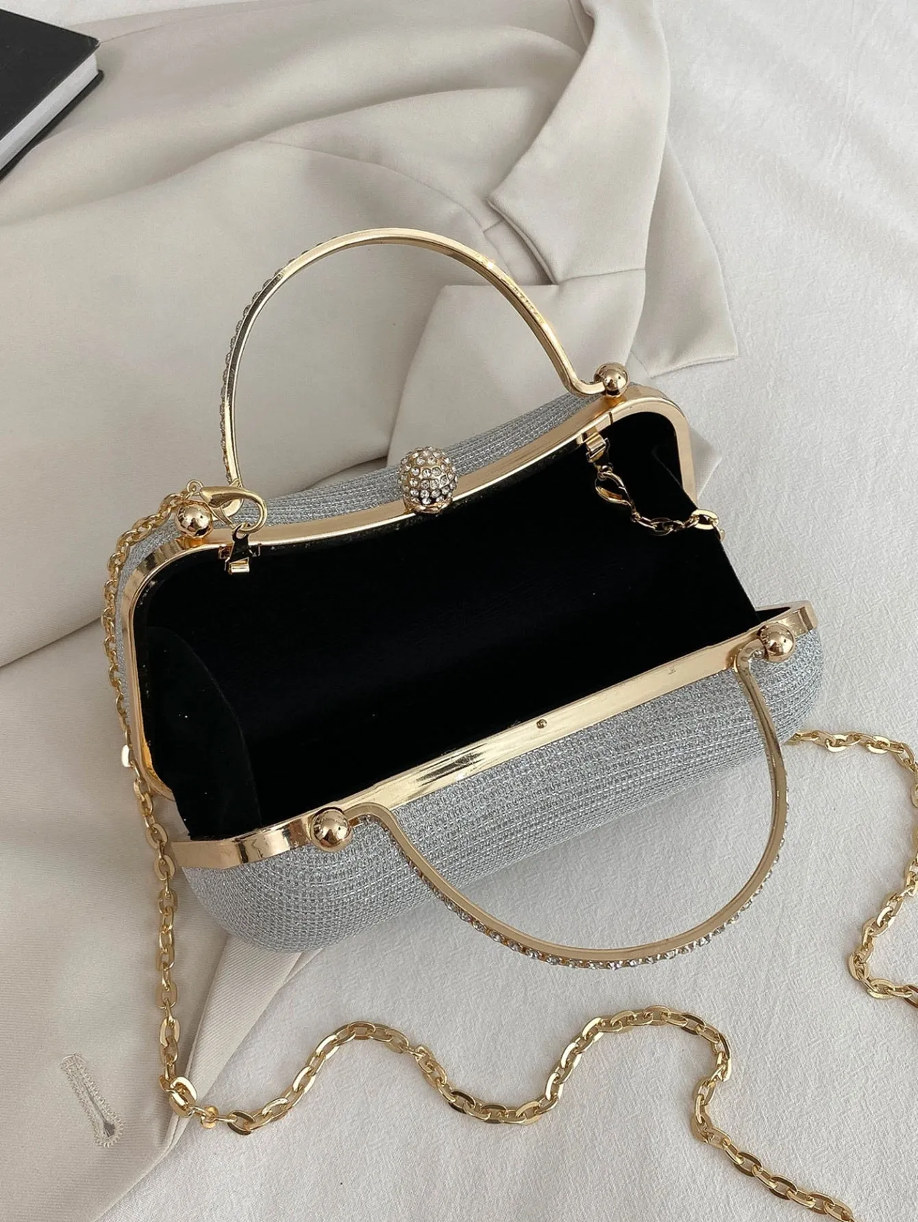 Mini Rhinestone Decor Chain Glitter Box Bag - Silver