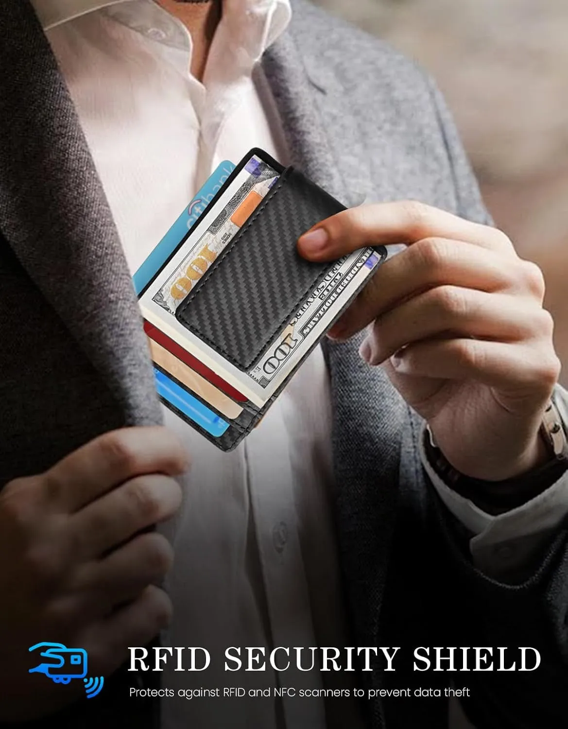 Money Clip, Front Pocket Wallet, Leather RFID Blocking Strong Magnet Thin Wallet