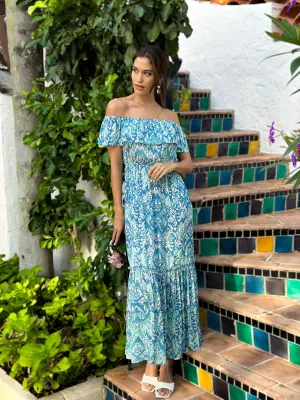 Off-Shoulder Ruffle Blue Dress