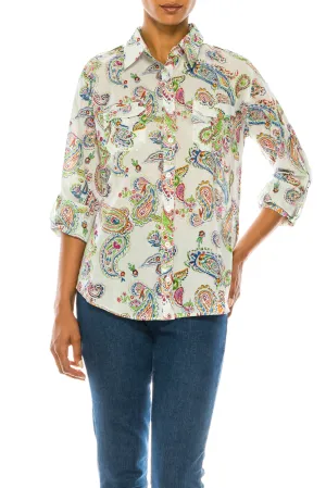 Paisley Print Button-Down Shirt with Shoulder Epaulettes