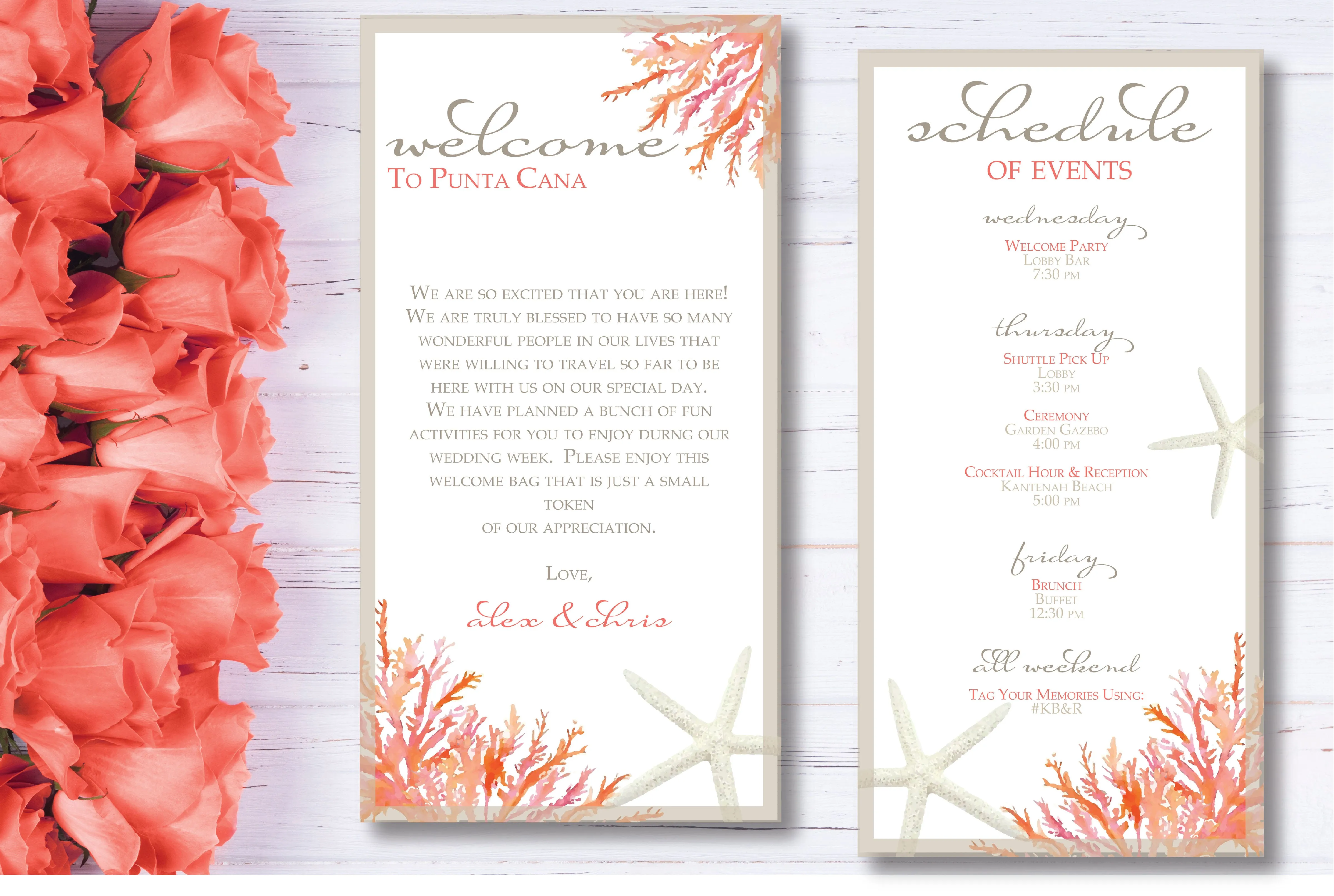 Personalized Wedding Welcome Letter & Itinerary - Living Coral