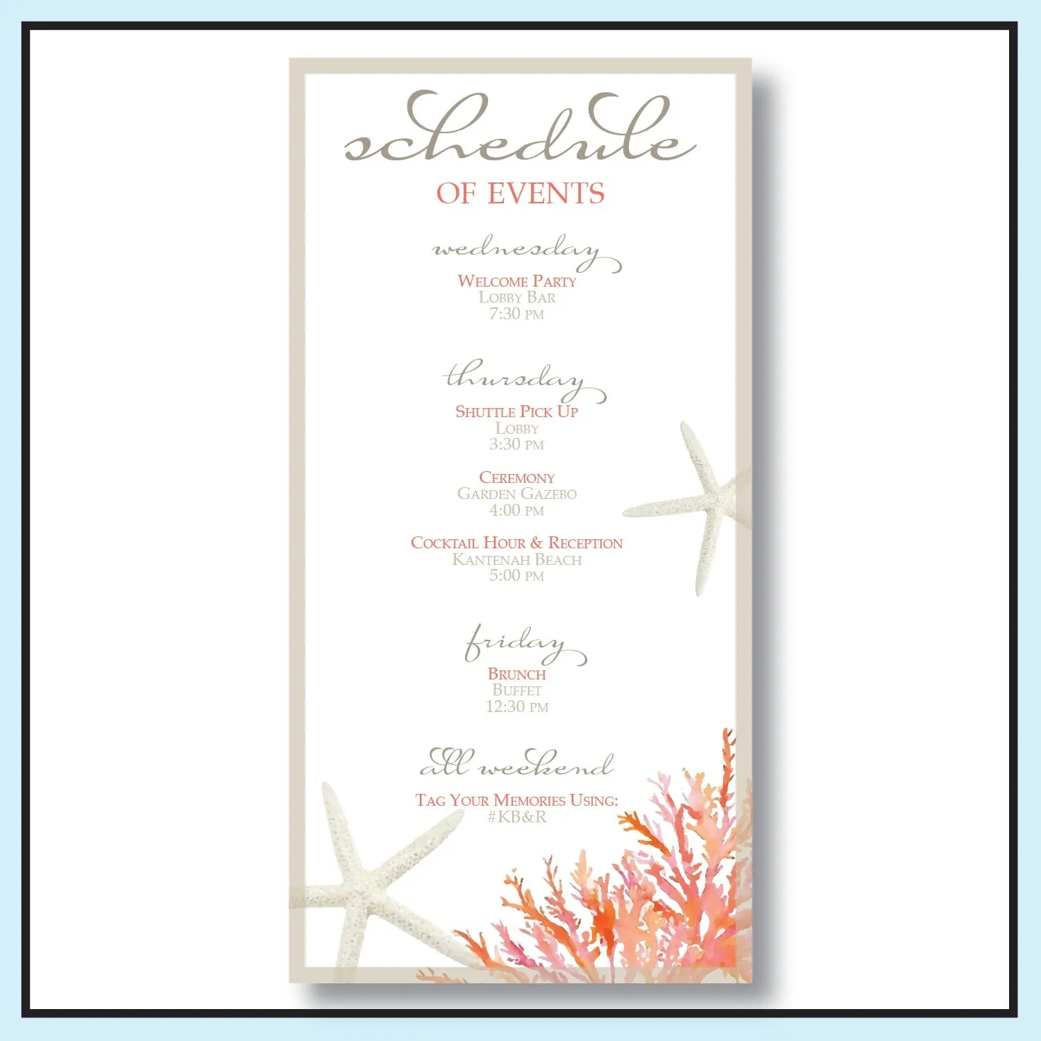 Personalized Wedding Welcome Letter & Itinerary - Living Coral