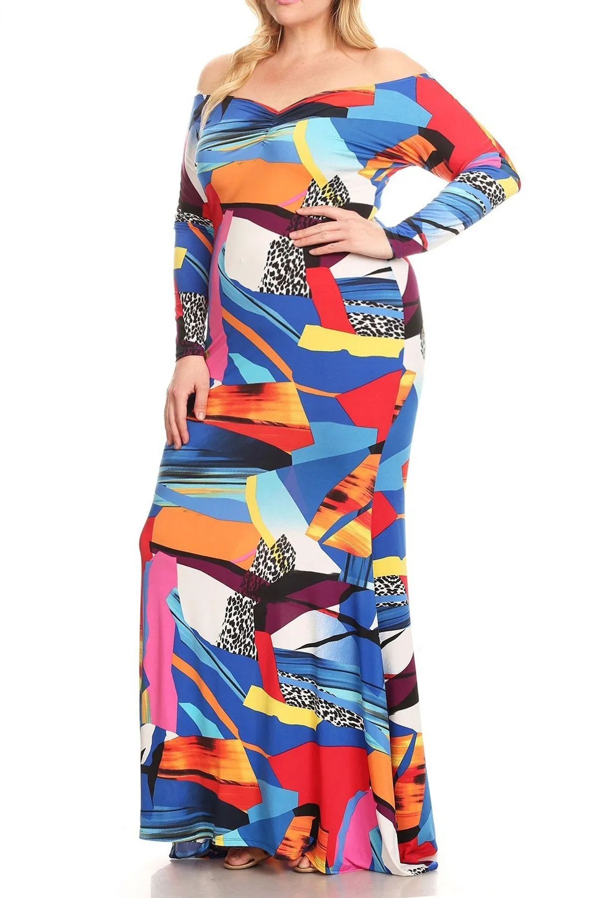 Plus Size Colorful Abstract Off Shoulder Maxi Dress