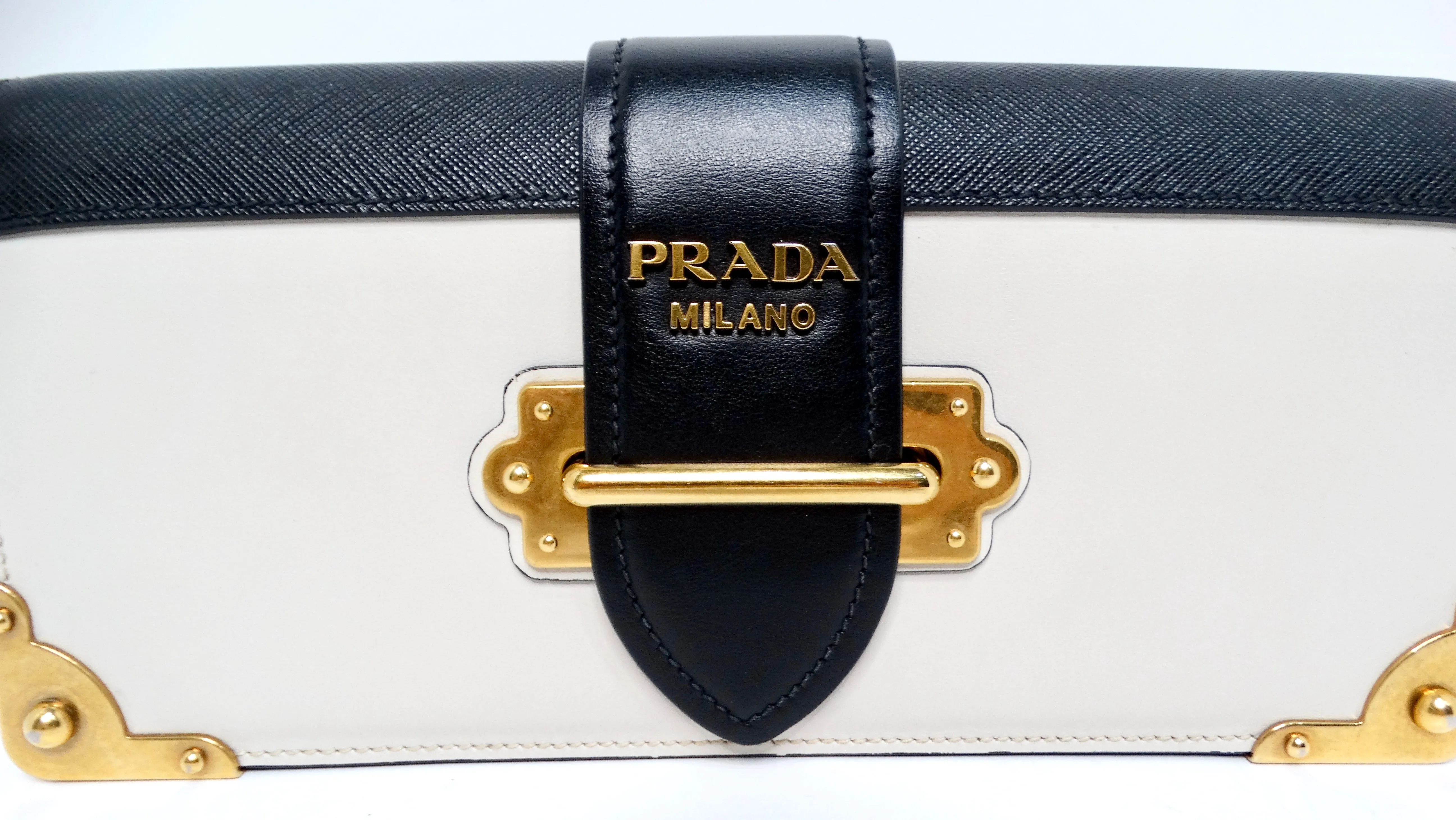 Prada Calf Saffiano Leather East-West Clutch With Chain Strap