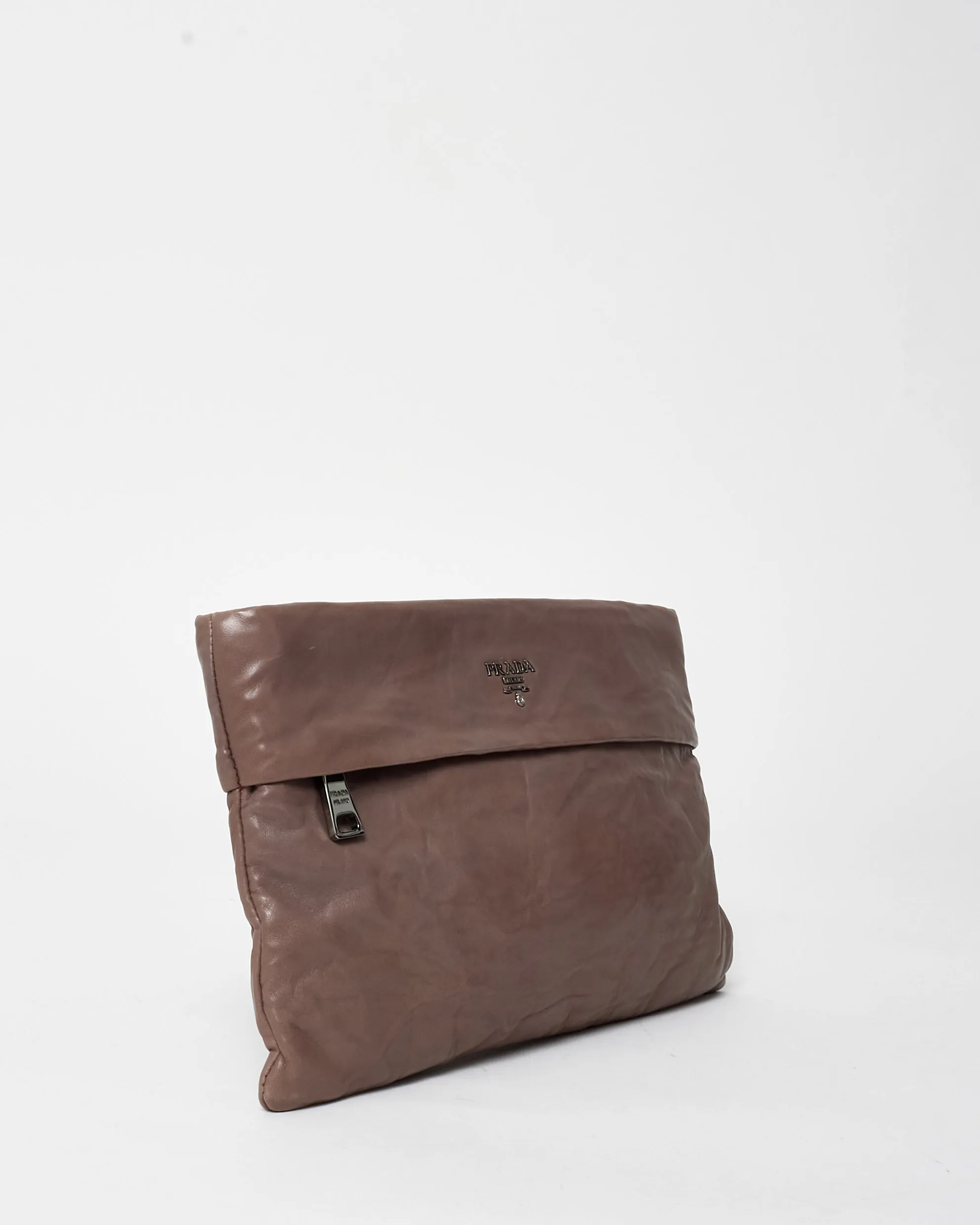 Prada Taupe Leather Logo Zipper Clutch