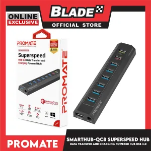 Promate Data Transfer and Charging Powered Hub USB 3.0 Superspeed SmartHub-QC8 (Black)