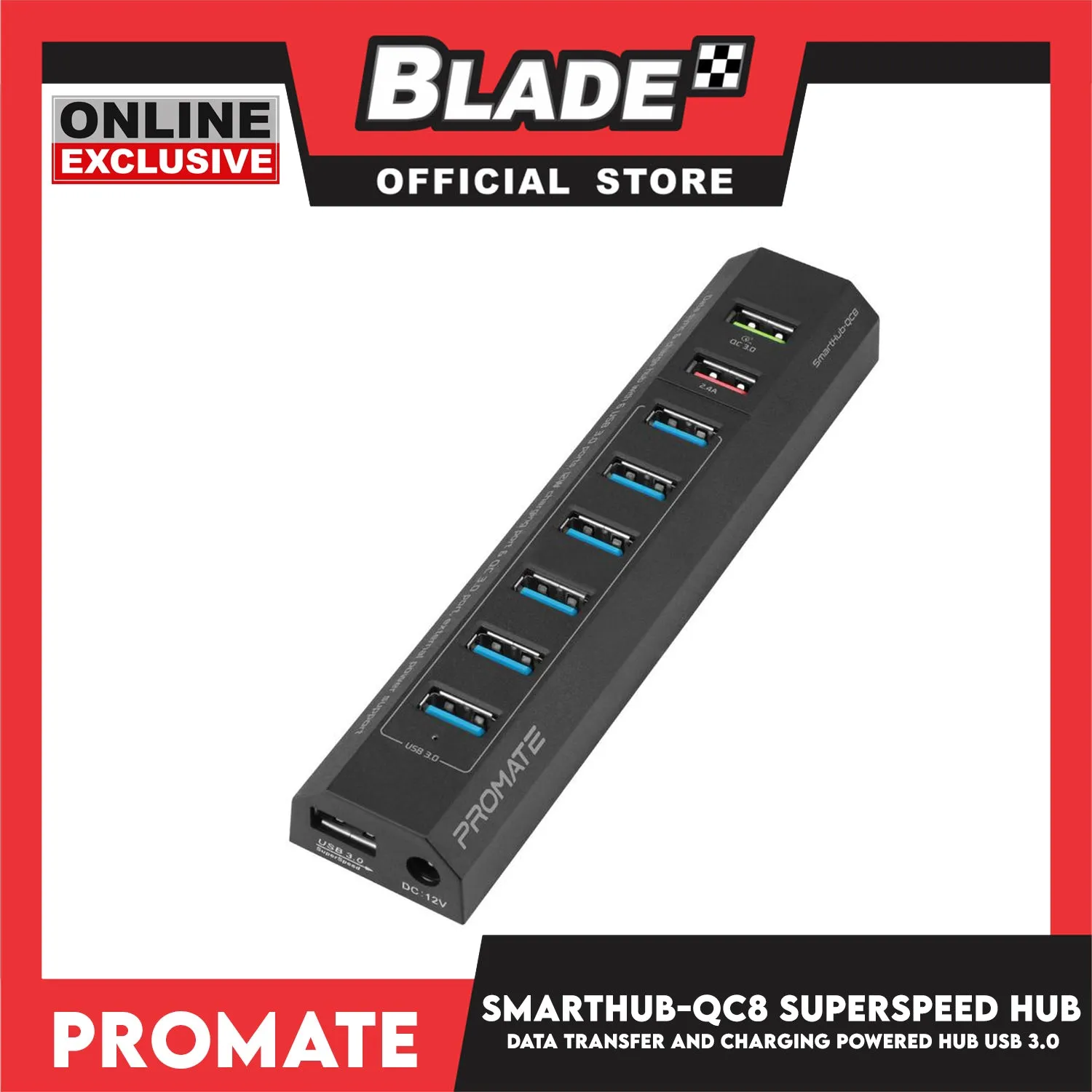 Promate Data Transfer and Charging Powered Hub USB 3.0 Superspeed SmartHub-QC8 (Black)