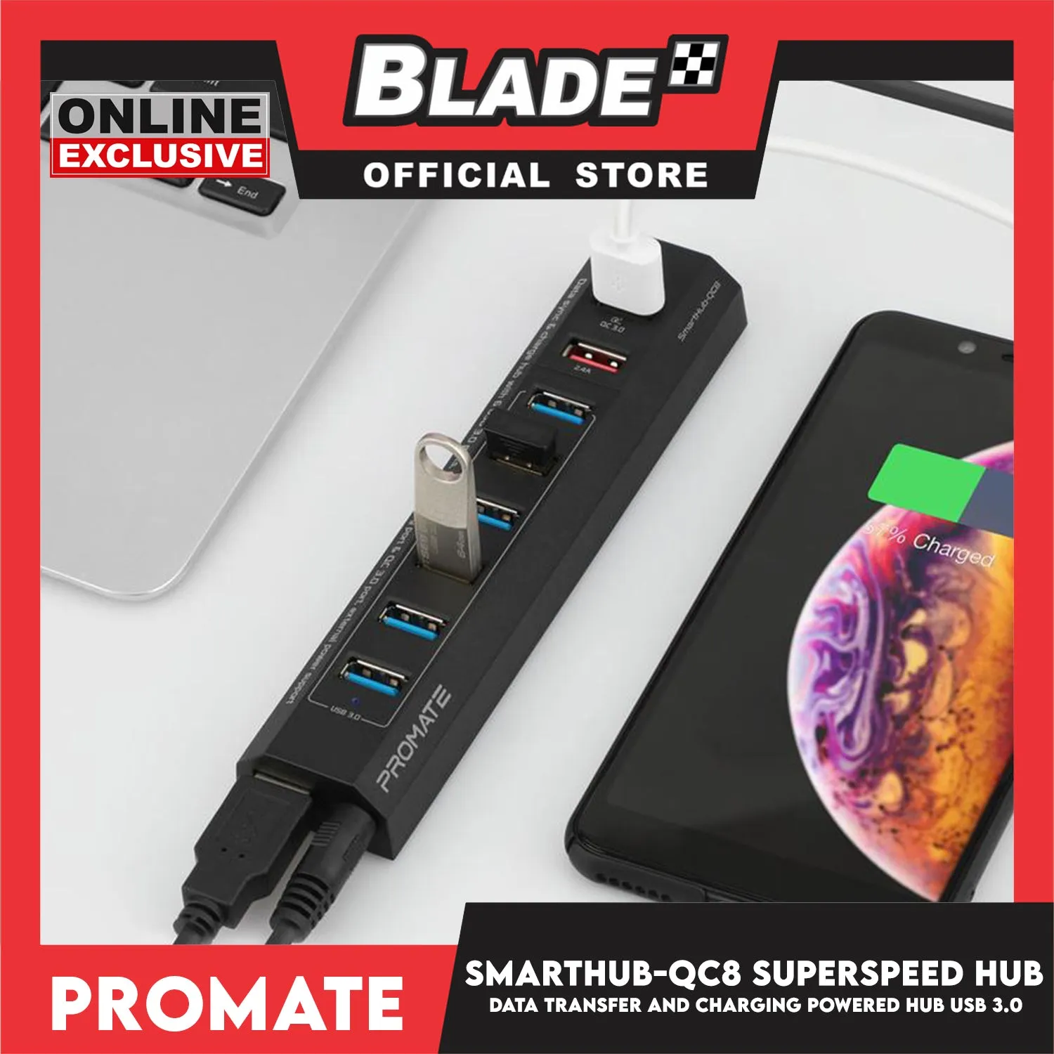 Promate Data Transfer and Charging Powered Hub USB 3.0 Superspeed SmartHub-QC8 (Black)
