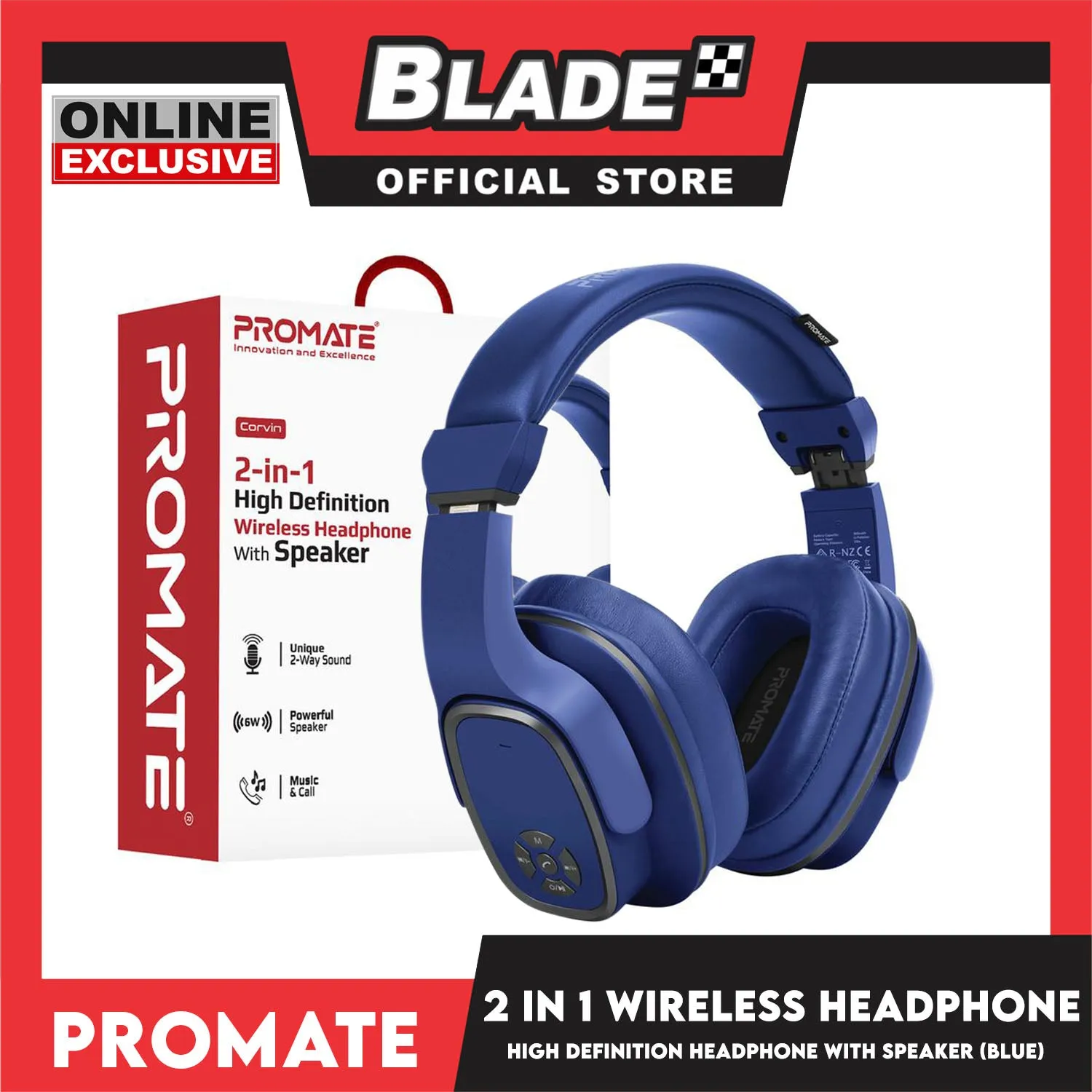 Promate Wireless Headphone with Speaker 2-in-1 High Definition Corvin Bluetooth v5.0 Headphone (Blue)