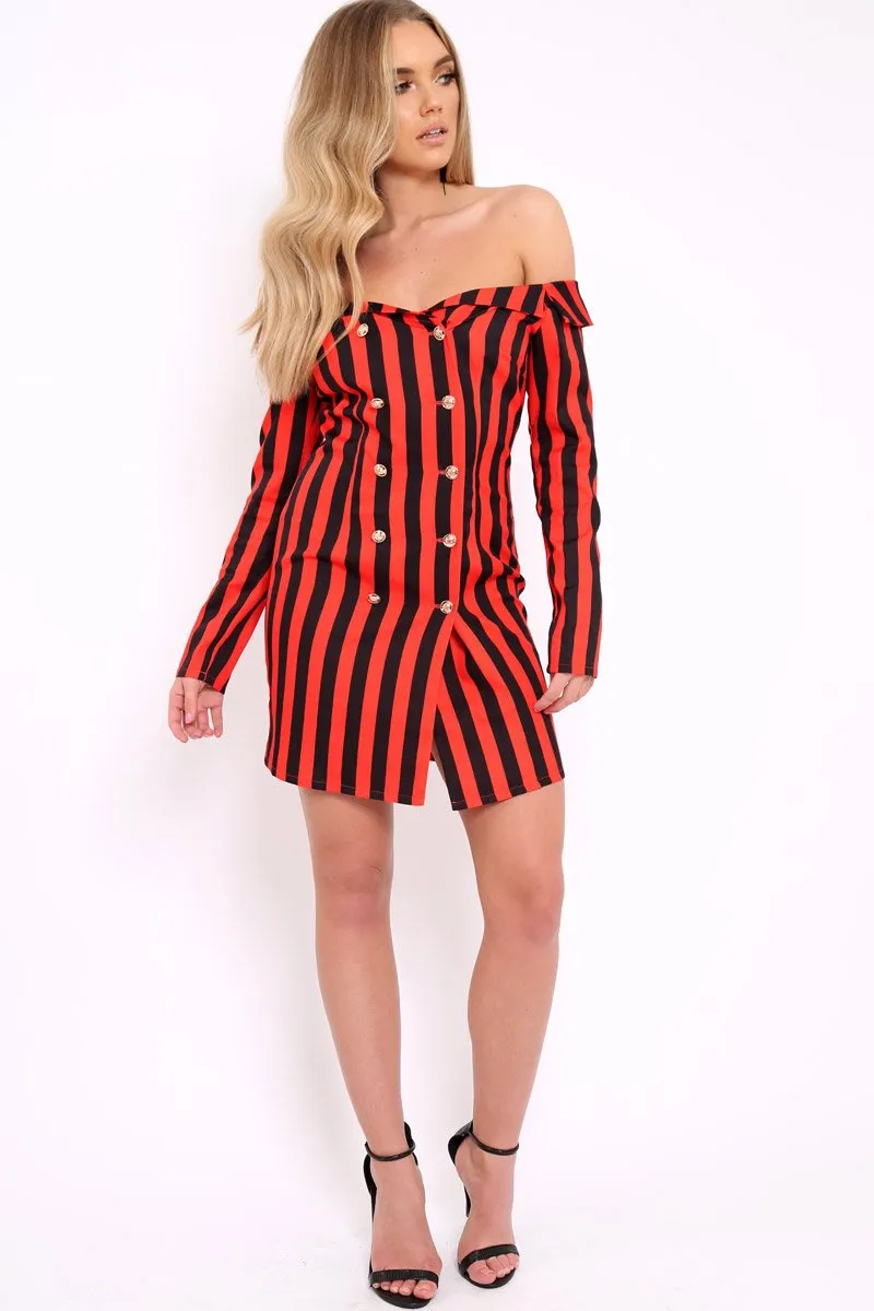 Red Stripe Button Detail Dress - Aaliyana