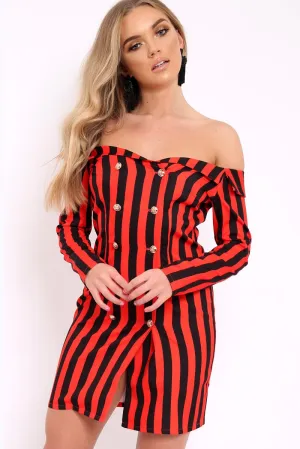 Red Stripe Button Detail Dress - Aaliyana