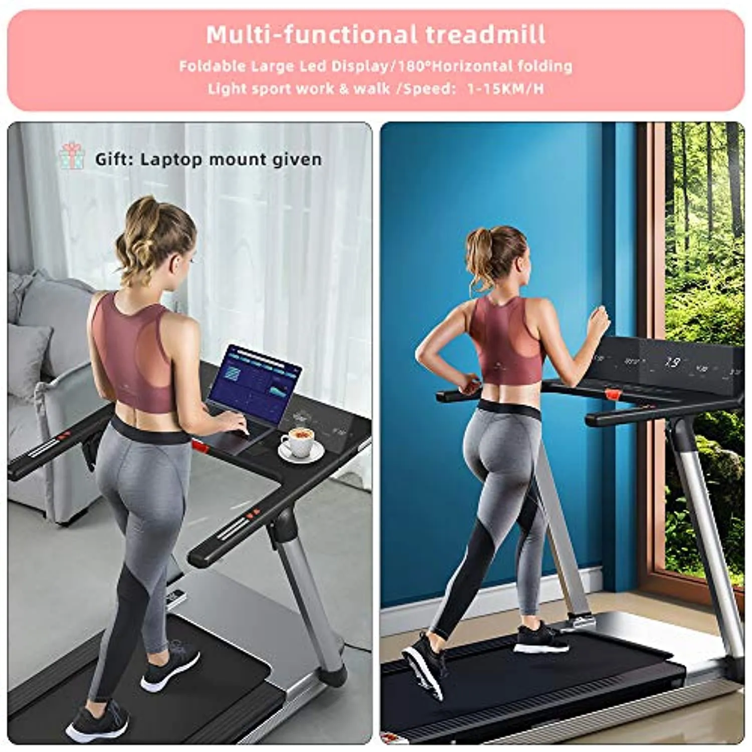 RHYTHM FUN Treadmill Folding Treadmill Desk Treadmill 4.0HP Electric Motorized Treadmill Super Shock-Absorbing Slim Quiet Treadmill with Large Display/Workout APP for Home Office Gym