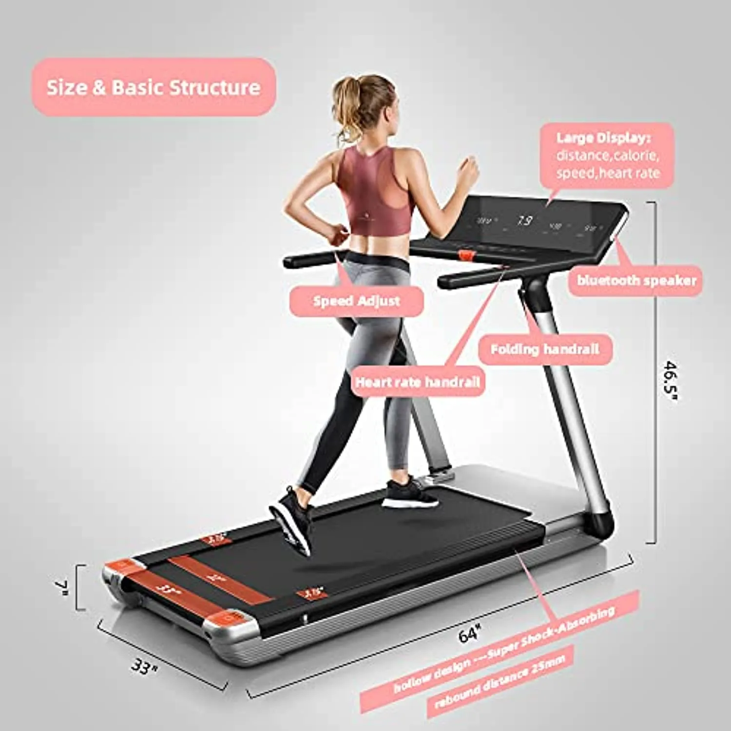 RHYTHM FUN Treadmill Folding Treadmill Desk Treadmill 4.0HP Electric Motorized Treadmill Super Shock-Absorbing Slim Quiet Treadmill with Large Display/Workout APP for Home Office Gym