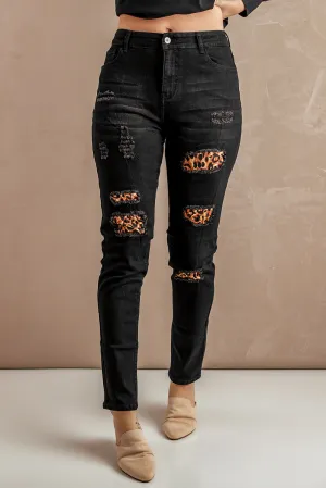 Ripped Leopard Patch Pocket High Waist Skinny Jeans