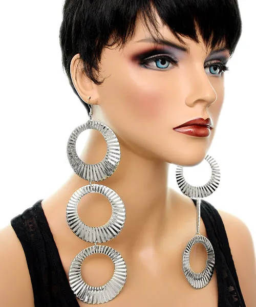 Silver Crinkle Triple Hoop Dangle Earrings
