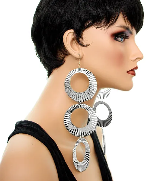 Silver Crinkle Triple Hoop Dangle Earrings