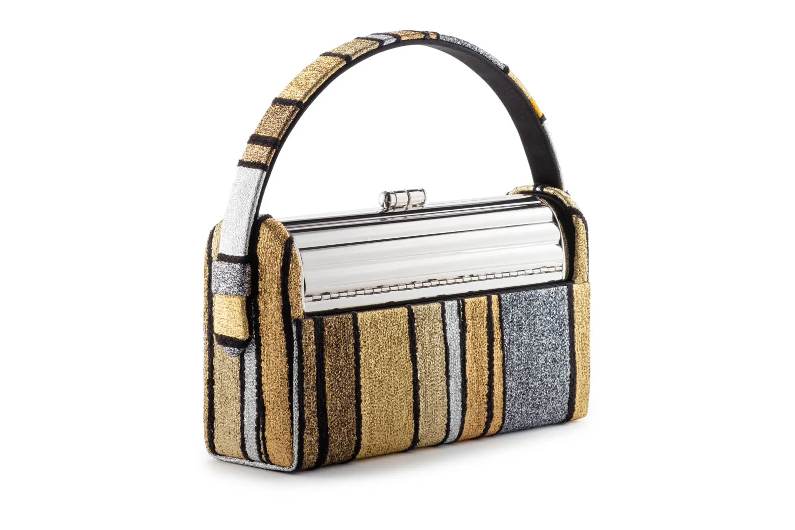 Silver Tubular Régine Minaudière with Halcyon Gold Multi Stripe Metallic Lurex Chenille Case