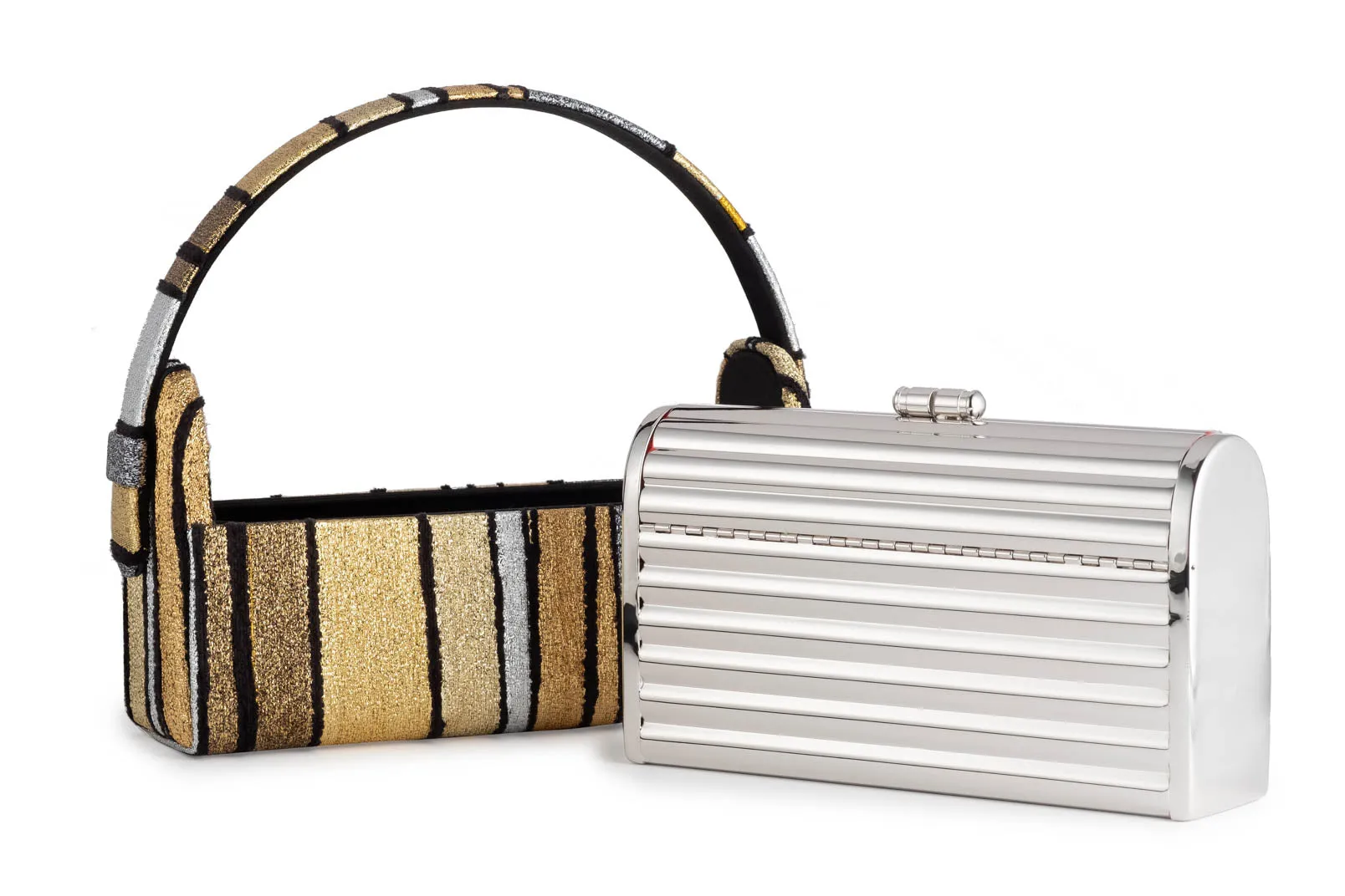 Silver Tubular Régine Minaudière with Halcyon Gold Multi Stripe Metallic Lurex Chenille Case