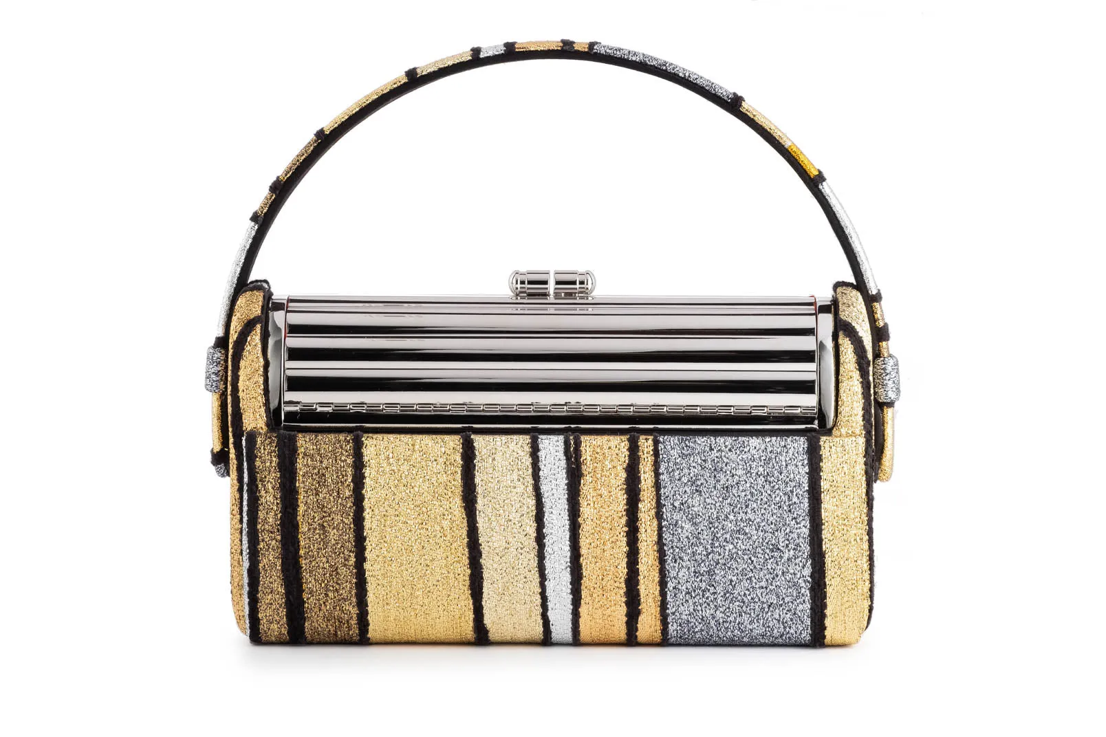 Silver Tubular Régine Minaudière with Halcyon Gold Multi Stripe Metallic Lurex Chenille Case