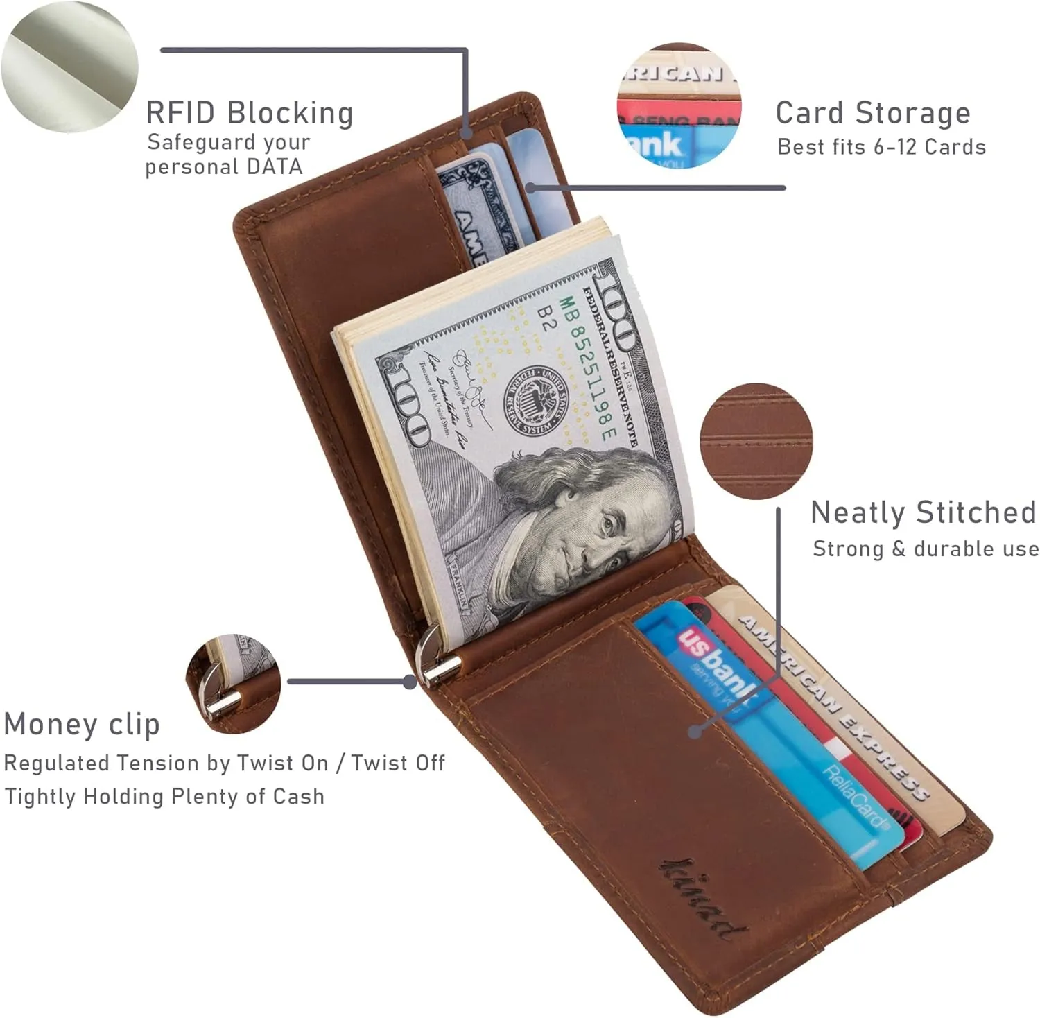 Slim Bifold Wallet for Men with Money Clip RFID Blocking  Genuine Leather Front Pocket Wallet