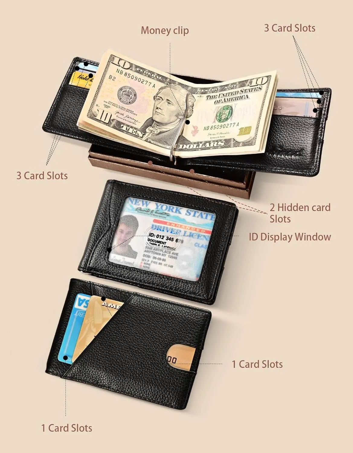 Slim Bifold Wallet for Men with Money Clip, RFID Blocking Genuine Leather Front Pocket Wallet