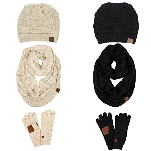 Solid Matching Infinity Scarf, Cable Knit Beanie & Gloves Set by Funky Junque