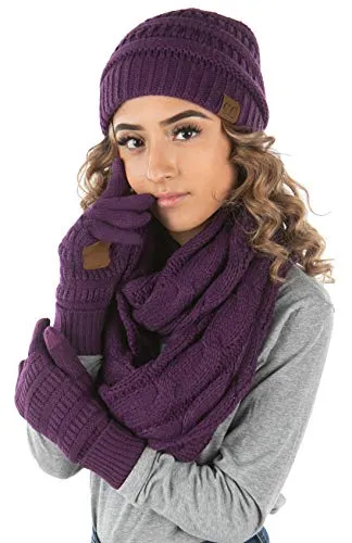 Solid Matching Infinity Scarf, Cable Knit Beanie & Gloves Set by Funky Junque