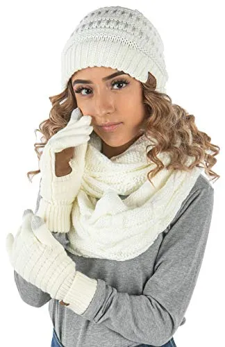 Solid Matching Infinity Scarf, Cable Knit Beanie & Gloves Set by Funky Junque