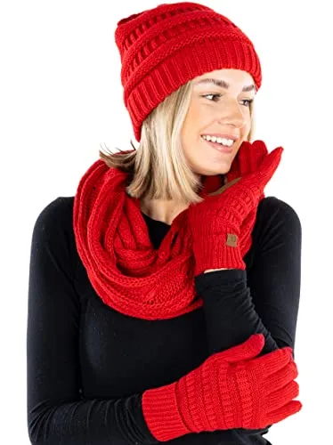 Solid Matching Infinity Scarf, Cable Knit Beanie & Gloves Set by Funky Junque