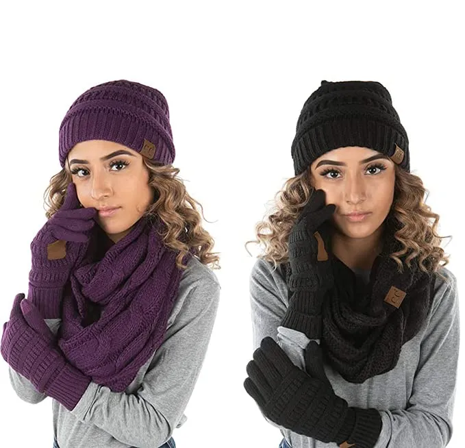 Solid Matching Infinity Scarf, Cable Knit Beanie & Gloves Set by Funky Junque