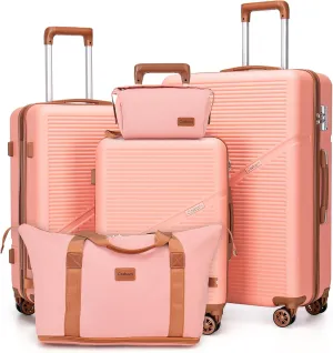 Travel Tsa Suitcases ABS Luggage for Contemporary 5 Spinner with Women, Men Wheels, Best-reviewed Lock, Piece Pink (20"/24"/28") Lightweight Sets Waterproof Hardshell Hardside with Suitcase Set