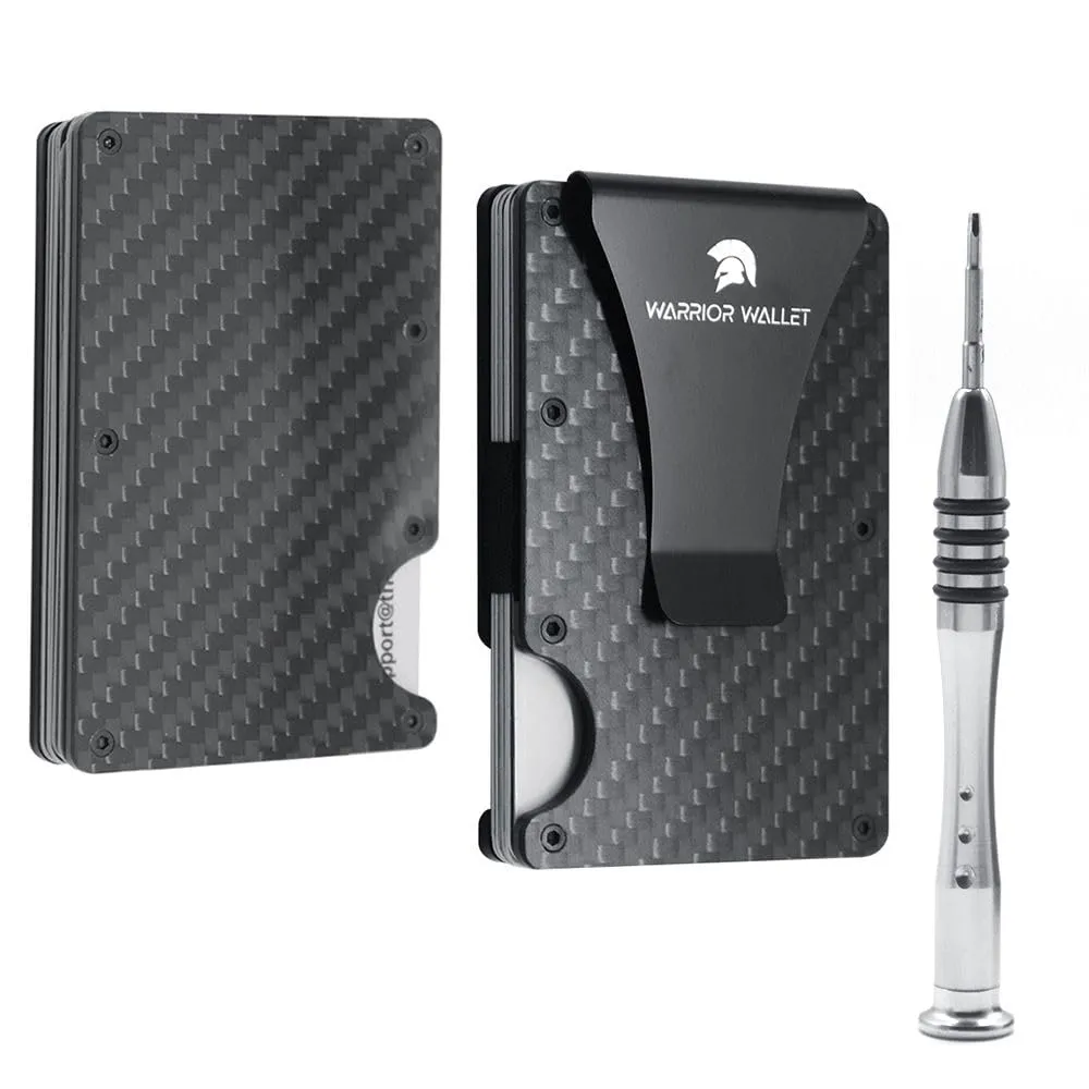 Warrior Wallet Minimalist Slim Wallet For Men - RFID Blocking Front Pocket Credit Card Holder - Aluminum Metal Small Mens Wallets with Cash Strap (Carbon Fiber) Minimalist Card