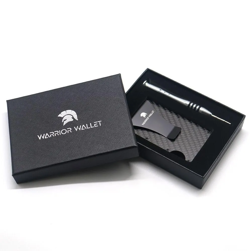 Warrior Wallet Minimalist Slim Wallet For Men - RFID Blocking Front Pocket Credit Card Holder - Aluminum Metal Small Mens Wallets with Cash Strap (Carbon Fiber) Minimalist Card