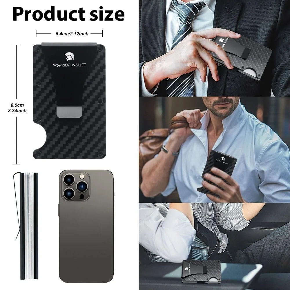 Warrior Wallet Minimalist Slim Wallet For Men - RFID Blocking Front Pocket Credit Card Holder - Aluminum Metal Small Mens Wallets with Cash Strap (Carbon Fiber) Minimalist Card