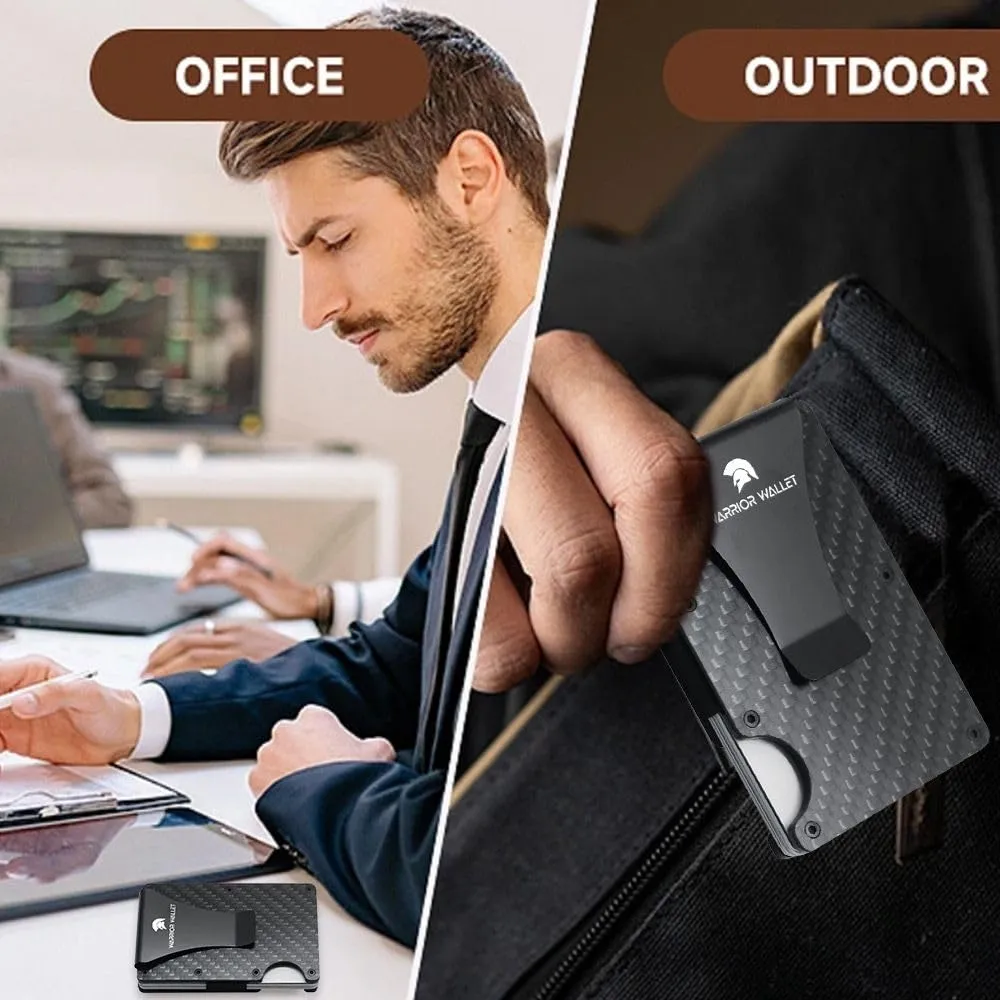 Warrior Wallet Minimalist Slim Wallet For Men - RFID Blocking Front Pocket Credit Card Holder - Aluminum Metal Small Mens Wallets with Cash Strap (Carbon Fiber) Minimalist Card