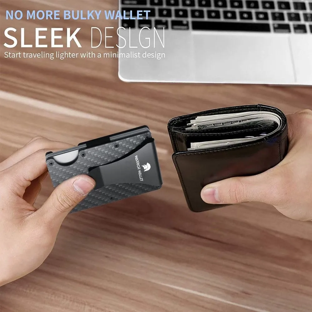 Warrior Wallet Minimalist Slim Wallet For Men - RFID Blocking Front Pocket Credit Card Holder - Aluminum Metal Small Mens Wallets with Cash Strap (Carbon Fiber) Minimalist Card